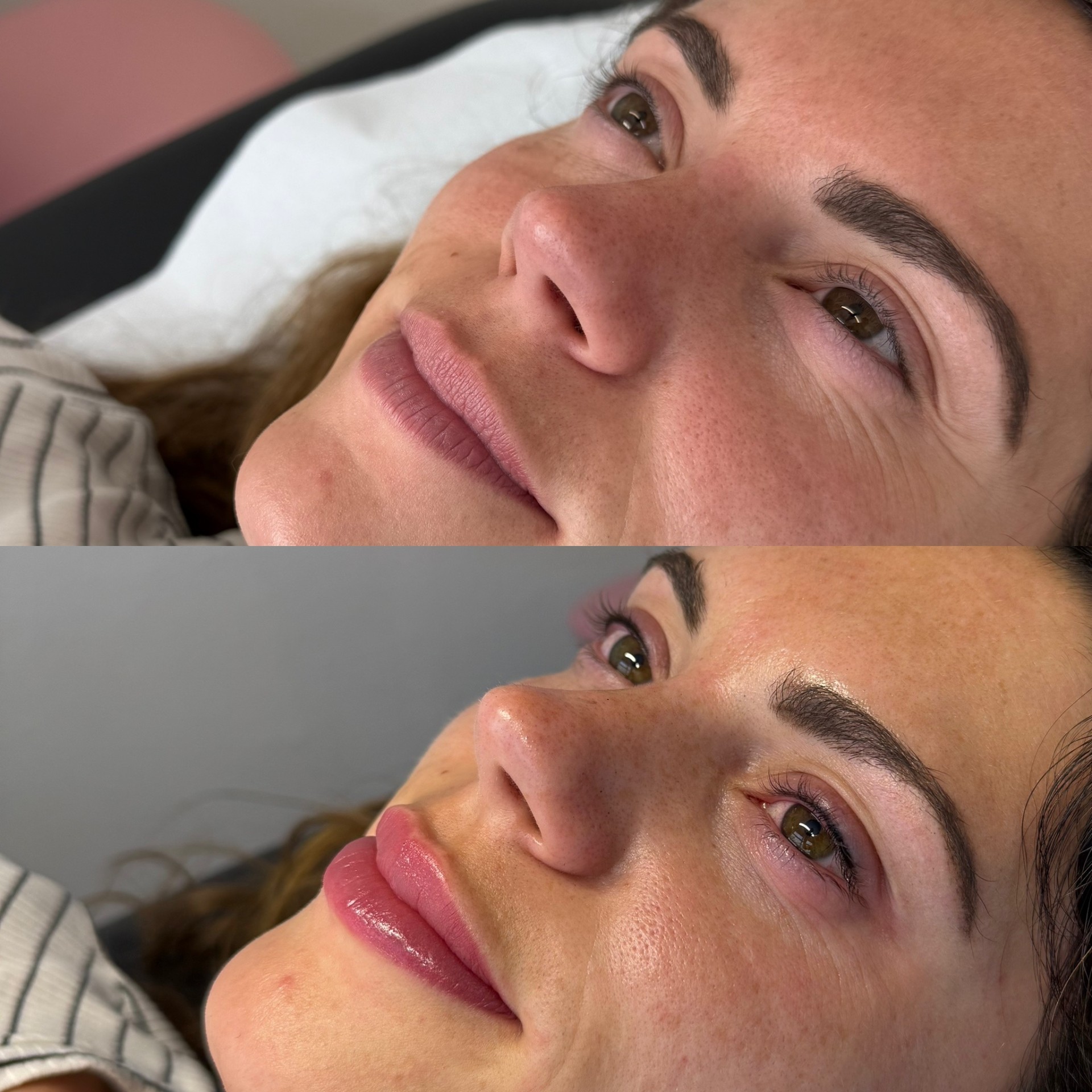 Before and after permanent makeup transformation — lip blush and powder brows by Permanent Makeup West Sussex
